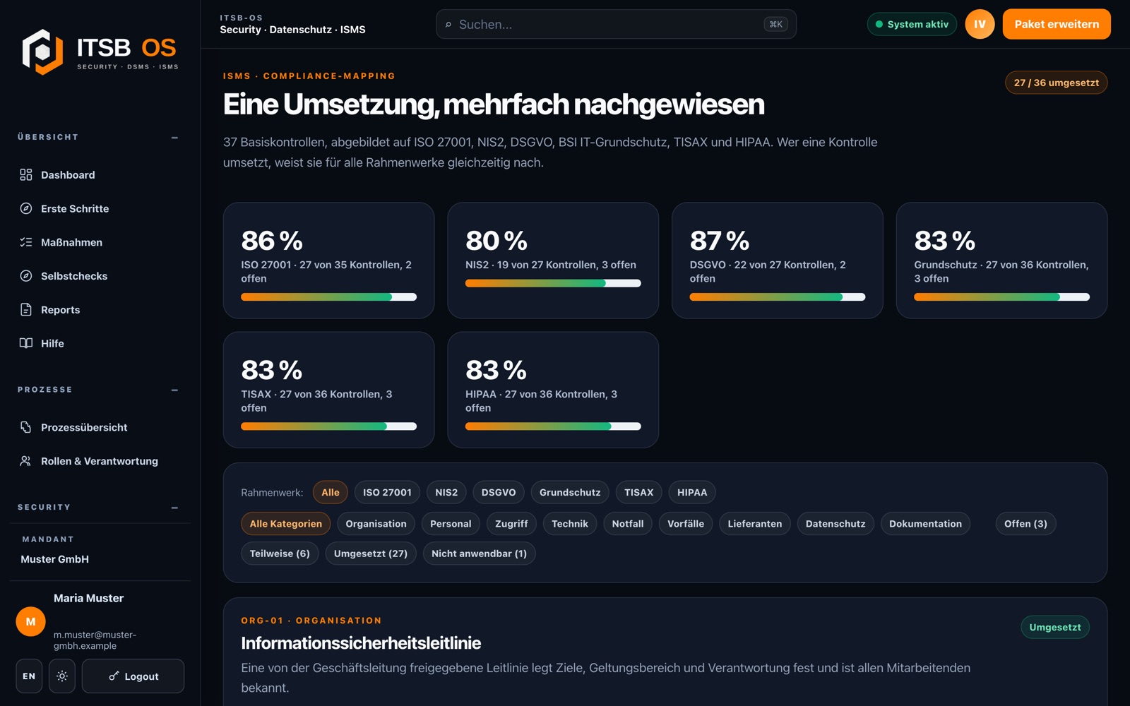 Compliance-Mapping in ITSB-OS: eine Kontrolle als Nachweis für ISO 27001, NIS2, DSGVO und TISAX